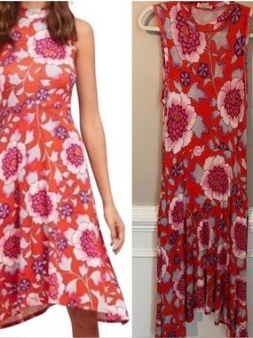 Anthropologie Maeve Dress Size XS Red Floral Sleeveless Midi Sharkbite Hem